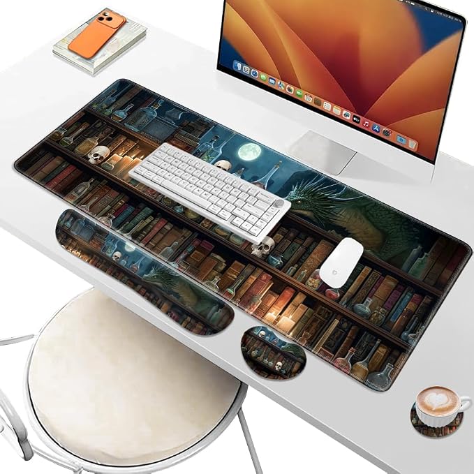 Desk Pad and Keyboard Wrist Rest, Large Mouse Pad + Keyboard Pad+Mouse Wrist Support, Non-Slip Desk Mat Protector for Office, Home 31.5×11.8 Inches Gothic Skull - Image 6