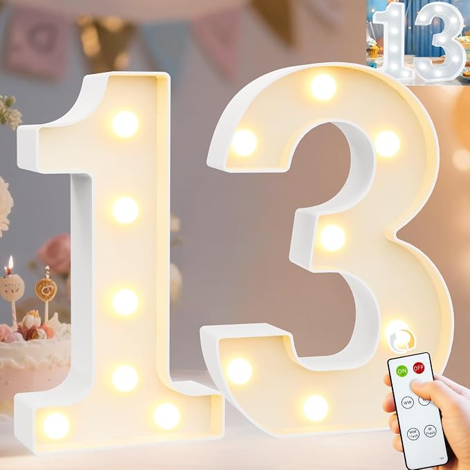 Pooqla 13th Birthday Decoration for Girls Boys, Decorative Marquee Numbers with Remote, Light Up 13 Sign for Party Backdrop 13th Wedding Anniversary Decor, Warm White and Cool White Number 13 by Pooqla