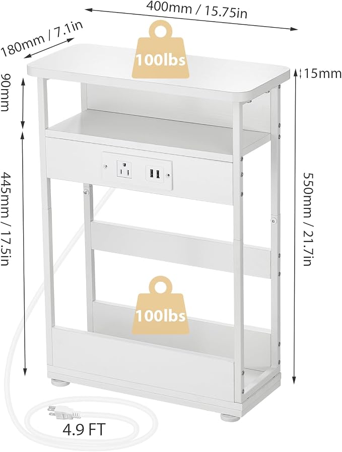 YEAKOO Narrow Side Table with Charging Station, 3-Tier End Table with 2 USB Ports & Power Outlets,Thin Sofa Side Table for Narrow and Small Spaces, Bedside Table Nightstand for Living Room,White - Image 3