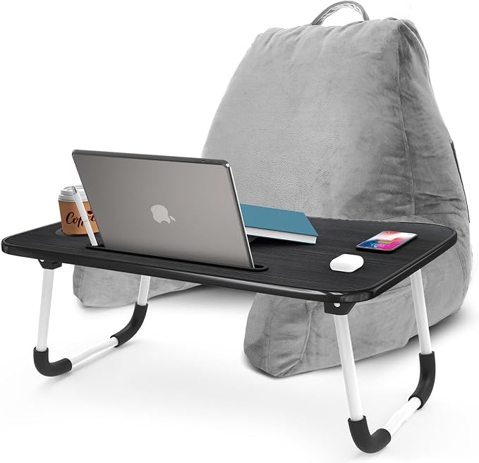 Nestl Reading Pillow with Portable Laptop Lap Desk - Shredded Memory Foam Back Support Pillow for Sitting Up in Bed and Couch Rest Pillows with Arms, Bed Tray Table with Foldable Legs, Light Grey by Nestl