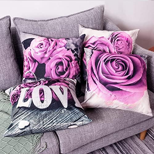 Light Purple Throw Pillow Covers Set of 4 18x18 Inch Bedroom Living Room Decorative Flower Rose Pillow Cases Cotton Linen Square Couch Sofa Chair Indoor Outdoor Patio Car Cushion Covers Home Decor - Image 3