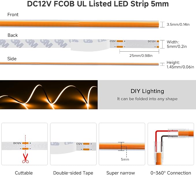 BTF-LIGHTING UL Listed Orange Color 5mm Width FCOB COB LED Strip Light - Image 5