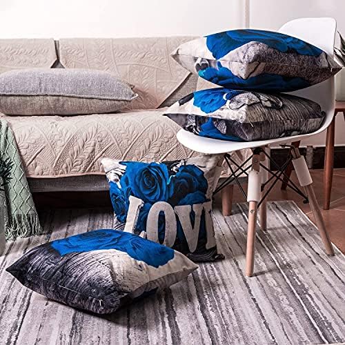 Royal Blue Throw Pillow Cover 18x18 Set of 4 Blue Rose Flower Couch Pillow Cover Rustic Accent Floral Decorative Square Cotton Linen Cushion Cover Home Living Room Outdoor Patio Furniture Decorations - Image 3