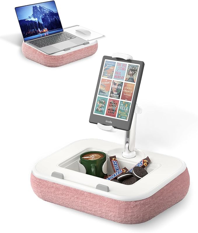 Viozon Kindle Pillow Stand Holder, Phone Holder for Bed, Laptop Lap Desk with Mouse Pad,Compatible with 4.7-13" Kindle/Tablet/Phone,10-15" Laptop, Snack Bowl&Cup Attachment&Detachable 360° Stand Arm,P by viozon