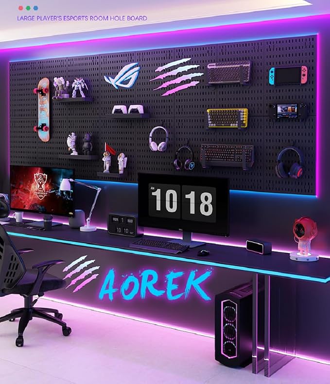 RGB Gaming Wall Organizer Peg Board with RGB LED Strip Lights, 2PCS Metal Gamer Wall Decor Peg Board with Hooks, DIY Gaming Setup Organizer PegBoard Gaming Wall Accessories 12 * 24” - Image 3