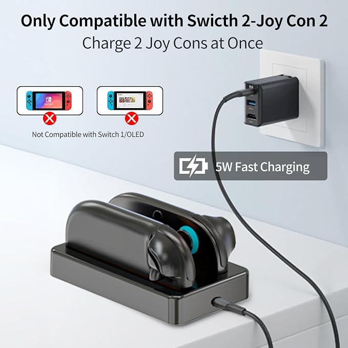 Charging Dock for Nintendo Switch 2 Joycon Charger, Controller Charging Station with LED Indicator, Dual Joy Con Charger Stand with Thumb Grips Joystick Caps, Black Gaming Accessories - Image 2