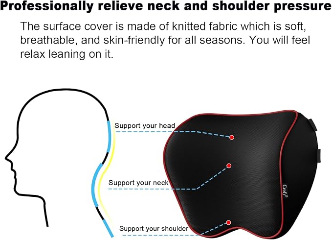 Crofy 2-Pack Car Neck Pillow, Headrest Pillow with Adjustable Strap, Black | Soft Memory Foam; Ergonomic Design Fits Most Car & Office Chairs; Breathable Removable Pillow Cover Is Machine Washable - Image 7