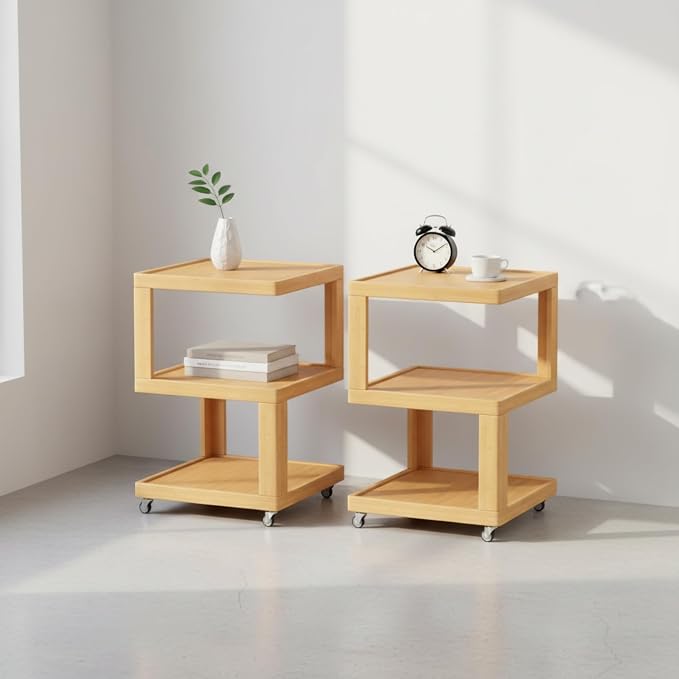 ZIYOO End Table Set of 2, 3-Tier Mobile Side Table with Wheels, Wooden Night Stand, Unique Floating Design Storage Organizer for Bedroom, Living Room, Small Spaces, Natural - Image 2