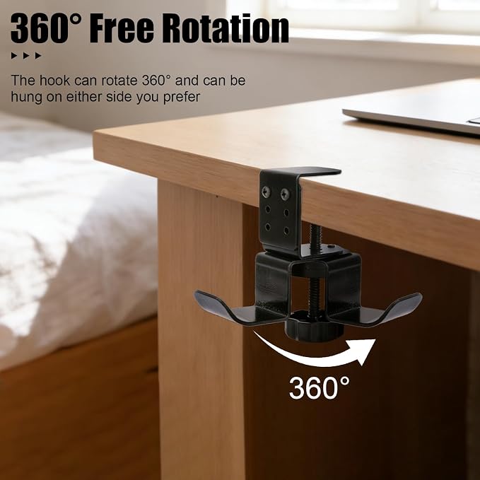 2pcs Heavy Duty Desk Clamp Hook, Carbon Steel 360° Rotating Under Desk Table Bag Hook Clamp on Hanger Office Gaming Accessories for Umbrellas Backpack Headphone Purse (Black) - Image 5