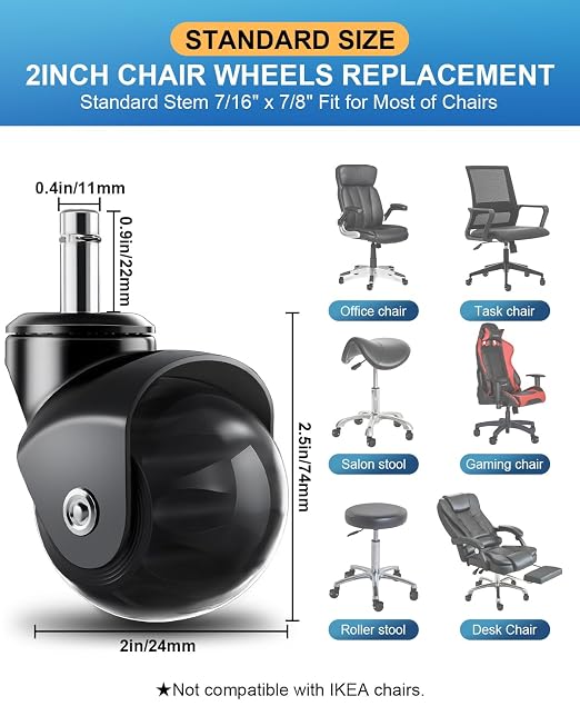 RidRed Office Chair Wheels Replacement Heavy Duty 2 Inch Roller Blade Wheels for Carpet Hardwood Floors,Support 2000 LB, Rubber Rollerblade Desk Chair Casters, Standard Stem Universal Fit, Set of 5 - Image 6