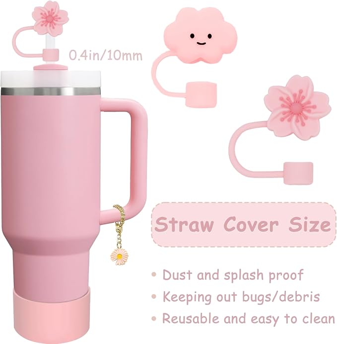 Stanley Cup Accessories Set,Including 2 Pcs 0.4in Straw Cover, 1 Silicone Spill-Proof Stopper Set of 3, 1 Cute Flowers Handle Charm, 1 Silicone Boot Fits Stanley 40&30 Oz Tumbler (Pink 2.0) - Image 2