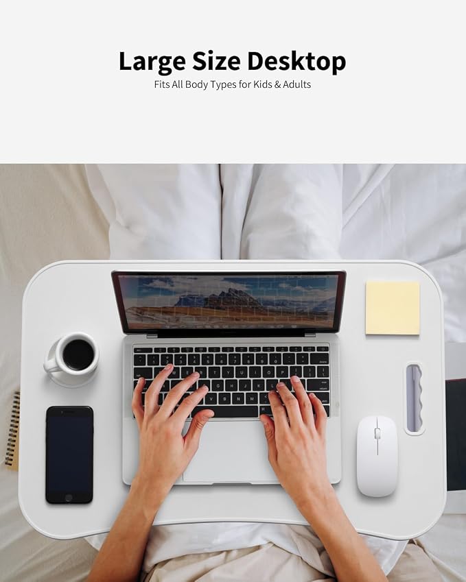 Foldable Lap Desk, Laptop Bed Desk, Portable Lap Table, Laptop Bed Table with Cup Holder & Tablet Slot & Lifting Handle for Working Writing Drawing & Eating - White - Image 3