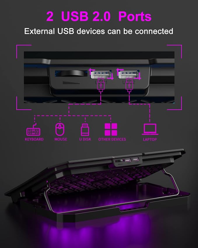 KeiBn Upgrade Laptop Cooling Pad, KeiBn Laptop Cooler 2 Fans for 10-15.6 Inch Laptops, 5 Height Stands, 2 USB Ports (S039-Purple) - Image 5