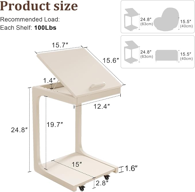 AQIMUELE Wooden C-Shaped End Table,Couch Table with Adjustable Desktop,Small Rolling Side Table with 2 Lockable Wheels,Small End Table for Couch, Living Room,Bedroom (White) - Image 6