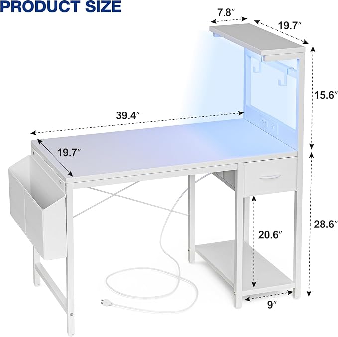 Grandder Gaming Desk 40 Inch with Power Outlet and LED Light, Computer Desk with Reversible Shelves and Storage Drawer, Pc Small Desk for Home Office Table with Bag, Carbon Fiber White - Image 3