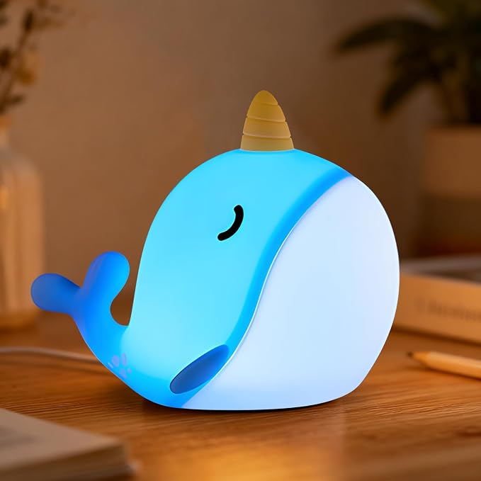 Narwhal Night Light, USB-C Rechargeable Silicone Lamp with Tap Control, 3-Level Dimming & 30-Min Auto Timer, 7-Color Changing Squishy Nursery Light, Birthday Gift for Kids by HPYDIY