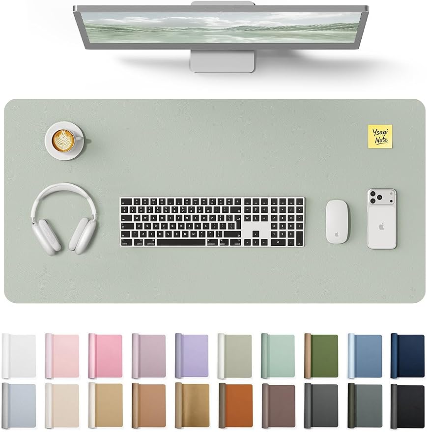 YSAGi Leather Desk Protector, Office Mat, Large Mouse Mat, Non-Slip PU Leather Blotter, Laptop Pad, Waterproof Writing Pad for Office and Home (Grayish Green, 35.4" x 17") by YSAGi