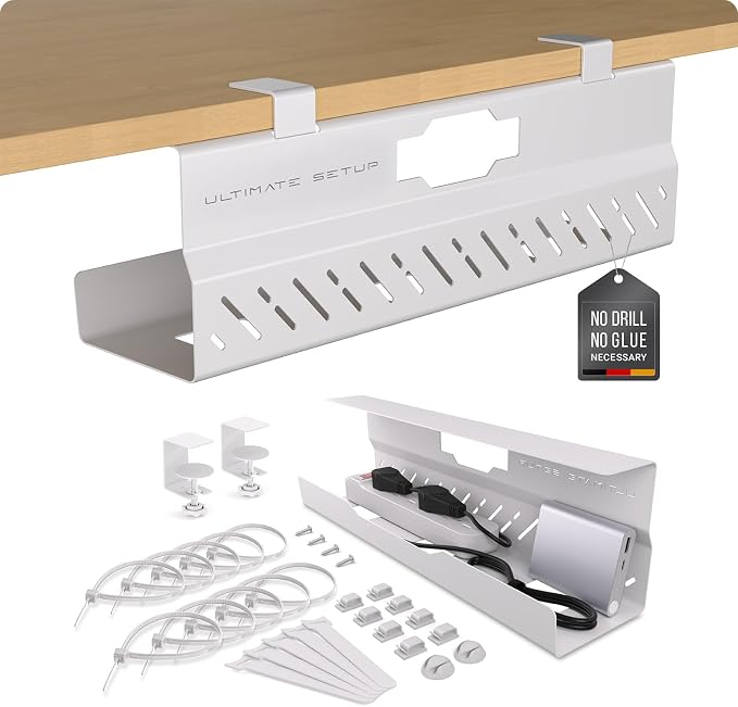 Under Desk Cable Management Tray no Drill – Wire Management - Cord Organizer – Huge Load Capacity – Under Desk Cable Tray no Drill (White, 1 Piece Set) by UltimateSetup