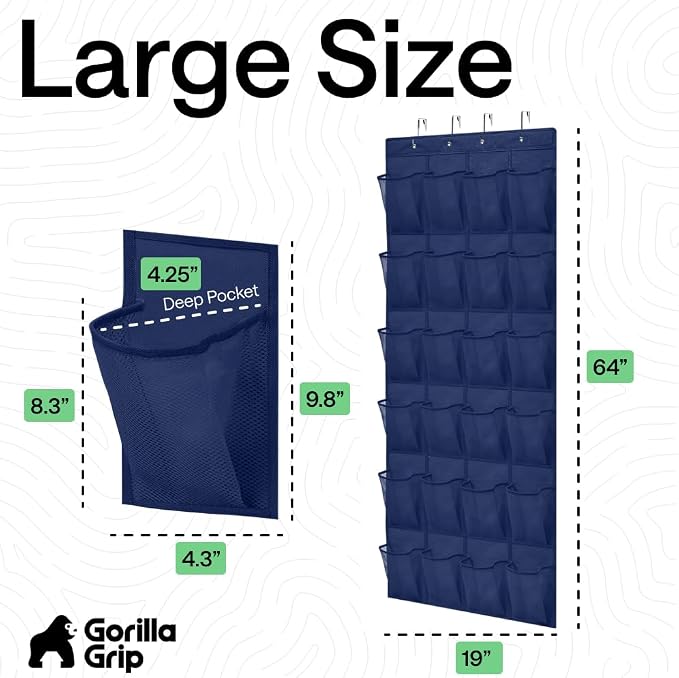 GORILLA GRIP Over the Door Shoe Organizer, 24 Large Pockets, Navy - Image 7