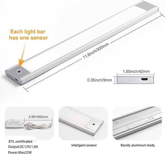 VST Hand Wave Activated Under Cabinet Lights Plug in, Closet Lights, Stepless Dimming Lighting for Kitchen Shelf Cupboard Closet Workbench (12in 3Pack 4000K) - Image 3