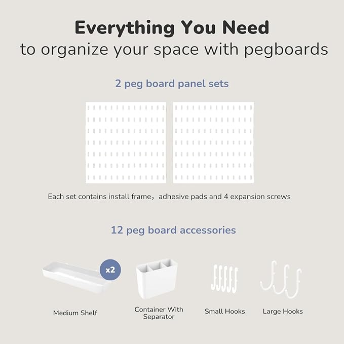 Keepo Peg Board Wall Organizer – Plastic Pegboard Panels, Modular Peg Board Storage System For Home Office, Craft Room, Gaming Setup (White, 22″×11″) - Image 3