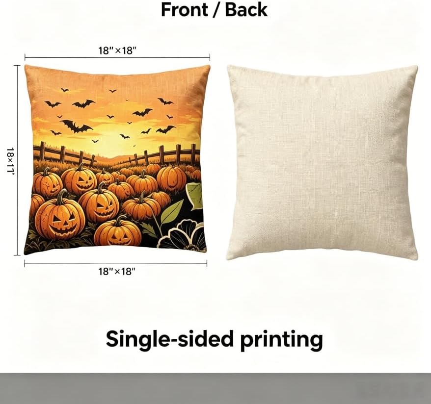 Halloween Throw Pillow Covers, Pumpkin and Witch Design, Linen, 18x18 Inch, Set of 2, Multicolor - Image 2