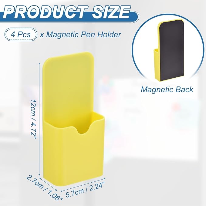 PATIKIL 4pcs Magnetic Pen Marker Holders, 50x27mm Dry Erase Marker Pencil Holder Cup Organizer for Classroom Home Office Refrigerator Whiteboard Locker, Yellow, 4x2x1 - Image 2