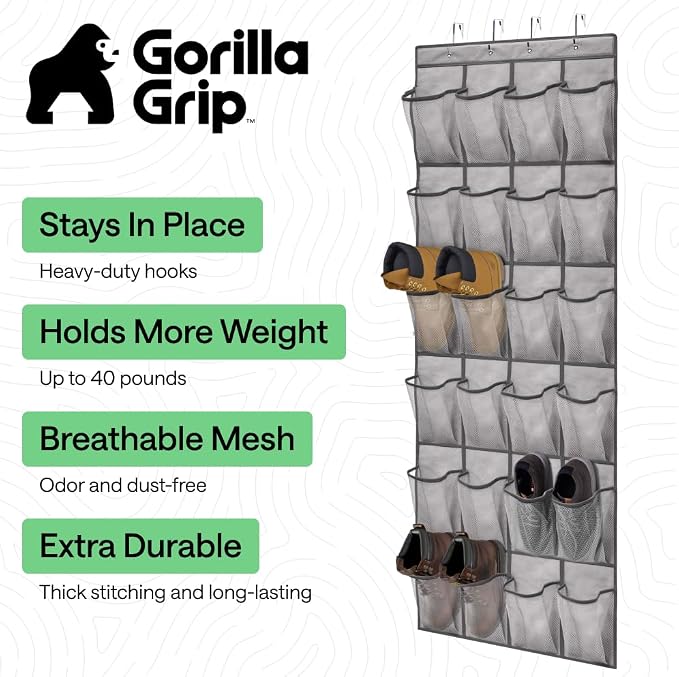 GORILLA GRIP Over the Door Shoe Organizer, 24 Extra Large Pockets, Gray - Image 2