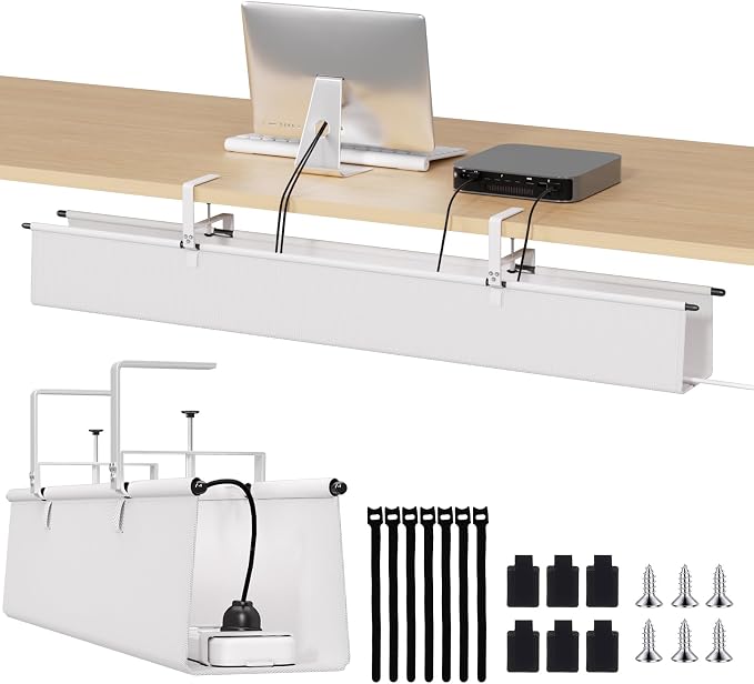 Under Desk Cable Management Tray, 48" Fabric Wire Cord Organizer, White by JOLENSOY