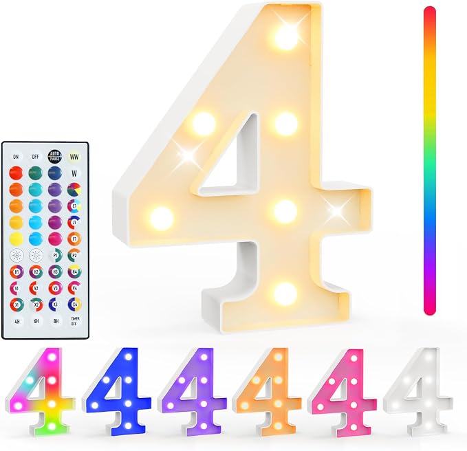 Pooqla Colorful Light Up Numbers, 35 Colors LED Marquee Number Lights for 4th Birthday Decorations with Remote, RGB Lighted Numbers for Party, Wedding, Bar, Night Light, Home Decor, Number 4 by Pooqla