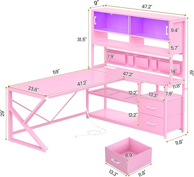 SEDETA L Shaped Gaming Desk with Storage Shelves, 2 Drawer, LED Light - Image 2