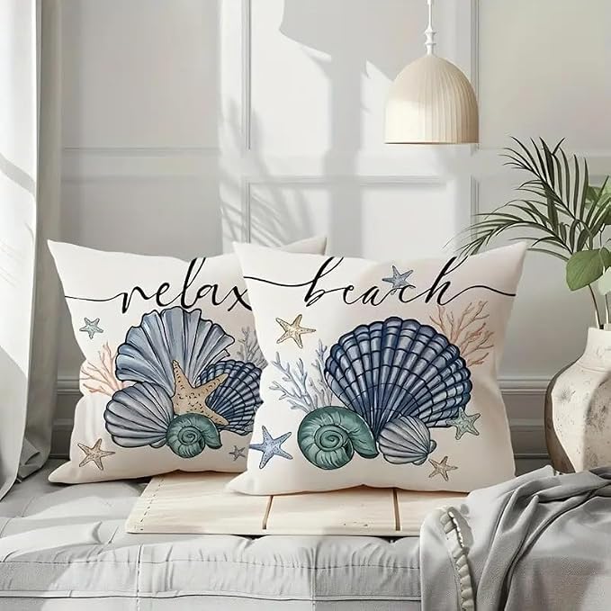 Beach Theme Throw Pillow Covers, 18x18 inches, Set of 4, Coastal Seashell and Starfish Design, Decorative Linen Cases for Living Room - Image 6