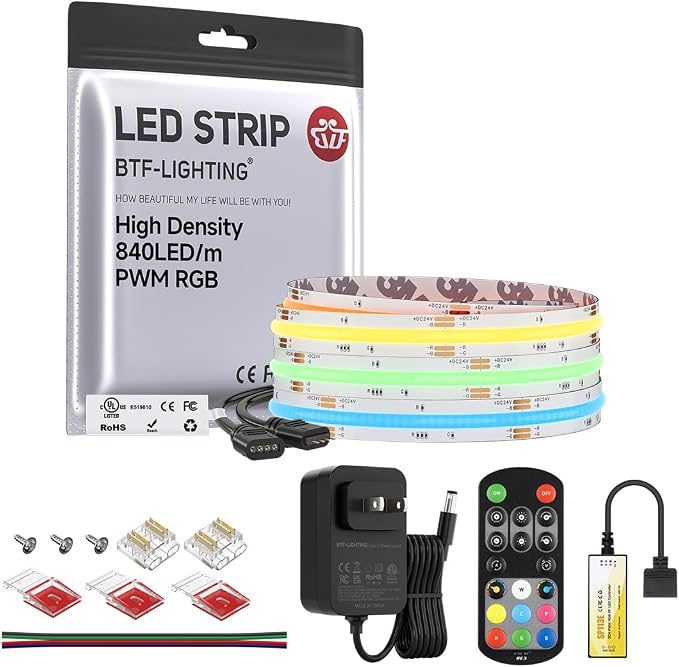 BTF-LIGHTING 9.8FT RGB Color Changing UL Listed DC24V COB LED Strip Kit by BTF-LIGHTING