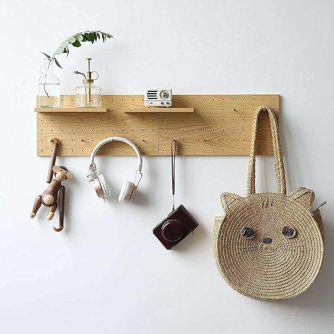 Wooden Pegboard Modular Display Organization Storage Wall Hooks Shelf (Color:Oak) - Image 3