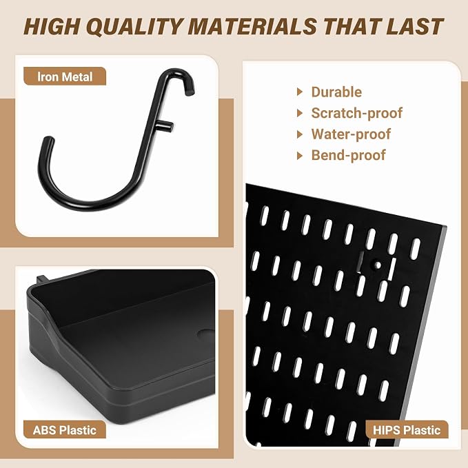 AKTOP Plastic Peg Board Wall Organizer 4-Pack, 12"x12" Pegboard Kit, Black | Includes 13 Accessories, Adhesive or Drill Mounting, Superior Load Capacity, Ideal for Office, Gaming Room, Craft Room - Image 4