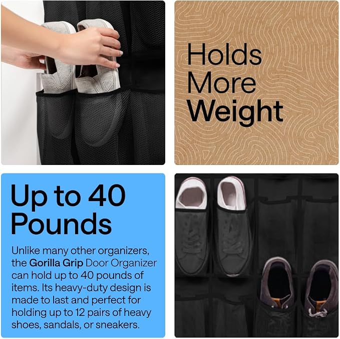 GORILLA GRIP Over the Door Shoe Organizer, 12 Large Pockets, Black - Image 3