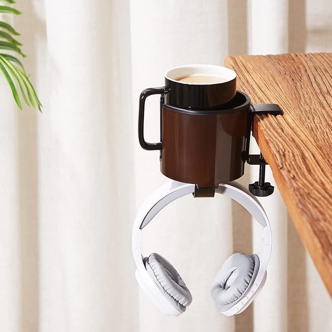 GUNKING Luxury 2-in-1 Anti-Spill Cup Holder with Headphone Hanger (Brown) - Image 2