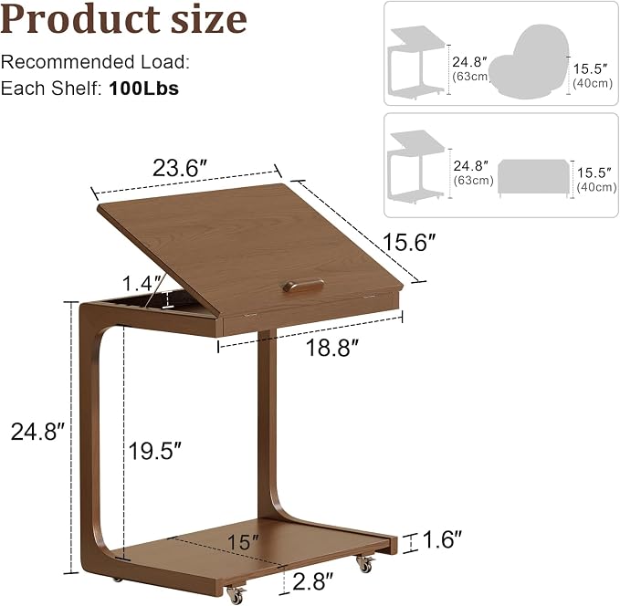 AQIMUELE Wooden C-Shaped End Table,Couch Table with Adjustable Desktop,Small Rolling Side Table with 2 Lockable Wheels 23.6" Width,Small End Table for Couch, Living Room,Bedroom (Walnut) - Image 6