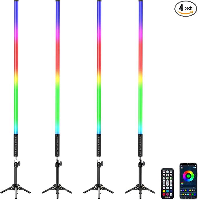 4 Pack RGB Tube Lights with Tripod Stand, 4FT LED Video Light Bar, Music Sync, 5200mAh Rechargeable Battery, App & Remote Control, Dimmable RGB Photography Lighting for Streaming, DJ, Party by mmcrz