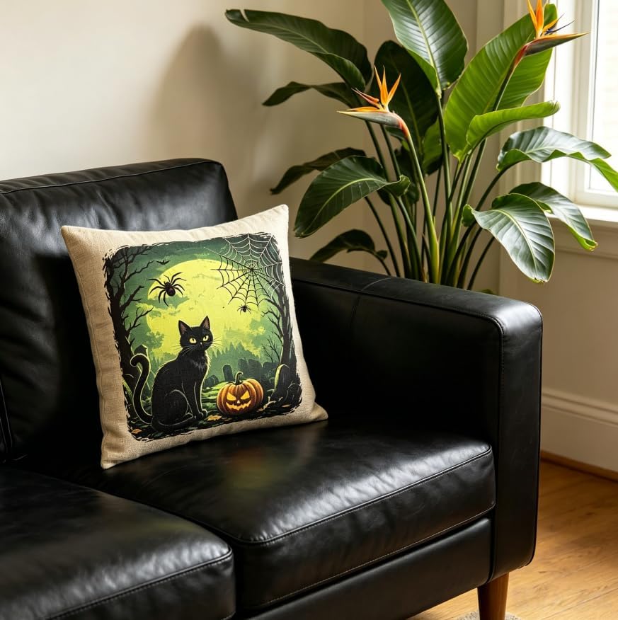 Halloween Throw Pillow Covers, Linen, 18x18 Inch, Set of 2, Witch, Black Cat and Skeleton Spooky Design, Machine Washable - Image 3