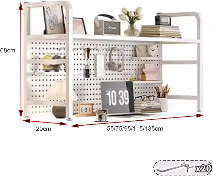 Peg Board, 2 Tier I Ndustrial Style Desktop Bookshelf， Pegboard Monitor Shelf, with 20 Hooks Modular Pegboard Shelf System for Home Office(White,115x20x68cm) - Image 3