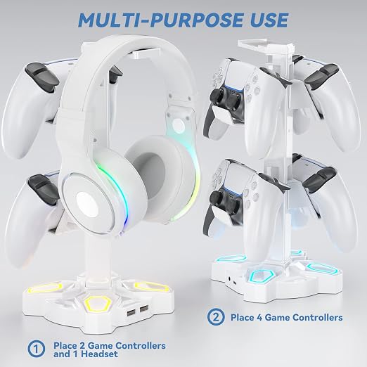 KDD Gaming Headphones Stand, Rotatable Headset Stand with Light Modes - Controller Holder with 2 USB Charging Ports and 3.5mm - Earphone Hanger Accessories for Desktop Gamer(White) - Image 6