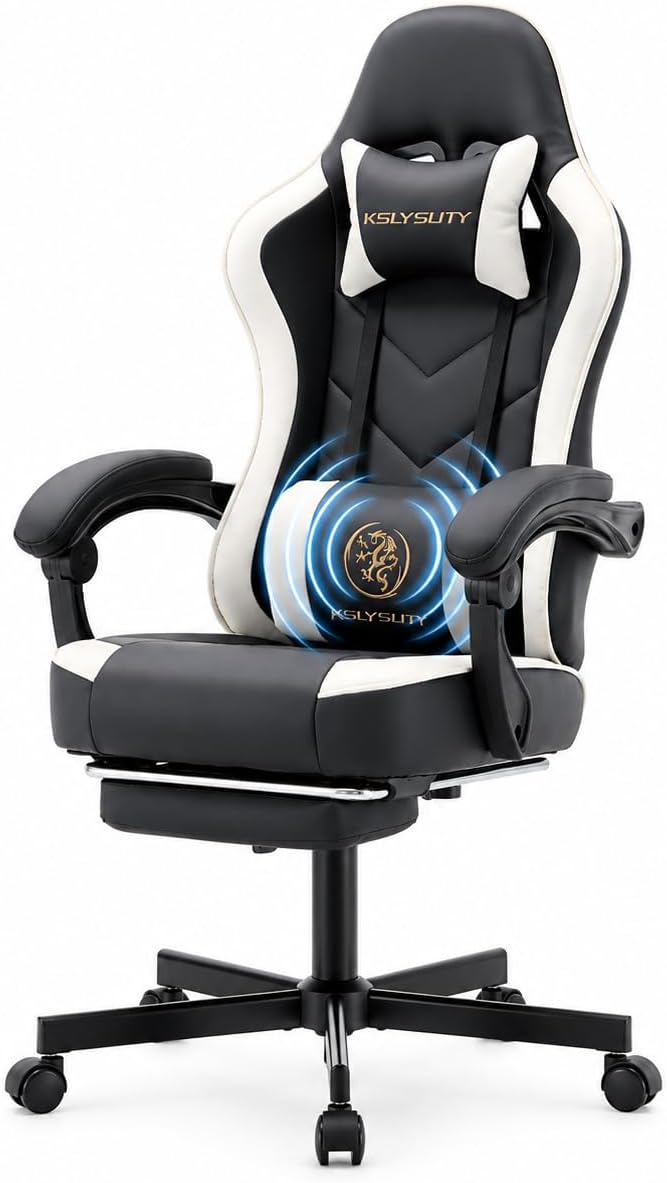 Office Desk Computer Gaming Chair for Adults, Ergonomic High Back Gamer Chair with Massage and Pocket Spring Cushion, Swivel Comfy Video Game Chairs with Footrest and Lumbar Support (Black White) by Wismestr