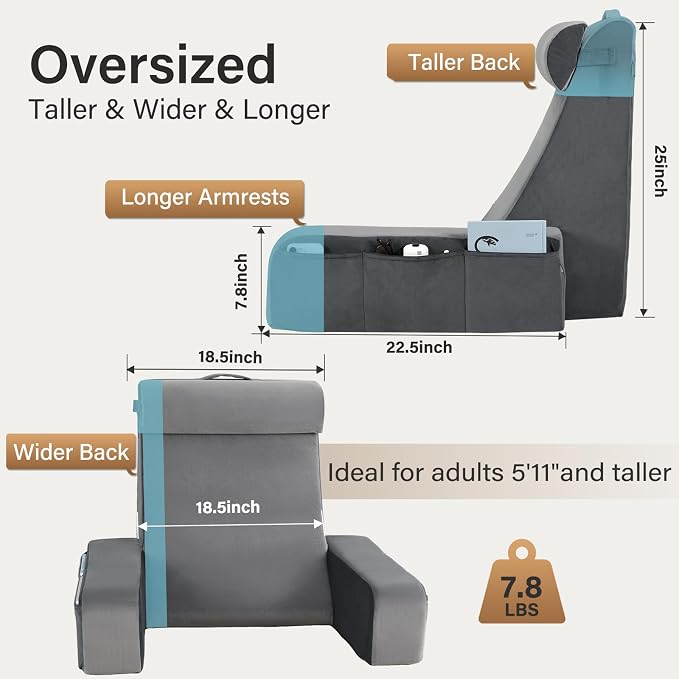 Vekkia 25" Reading Pillow for Bed with XL Side Pockets for Tall Adults | 60° Wedge Back Support, Built-in Armrests, Washable Cover, Idea for TV, Gaming, Working, Nursing,Recovery in Bed & Floor,Gray - Image 6