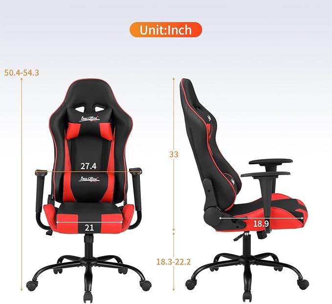 Gaming Chair Office Chair Desk Chair with Lumbar Support Headrest Armrest Task Rolling Swivel Ergonomic E-Sports Adjustable PC Gamer Chair (Red) - Image 3