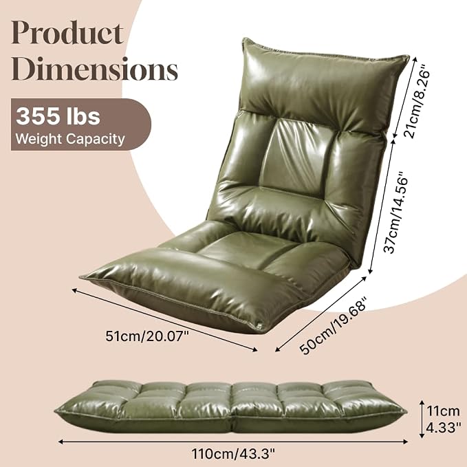 Floor Chair with Back Support, 42-Position Adjustable Gaming Chair for Adults, Faux Leather Floor Lounger, Reading Chairs with Neck Support, Foldable Floor Seat for Sleeping (Green Black) - Image 2