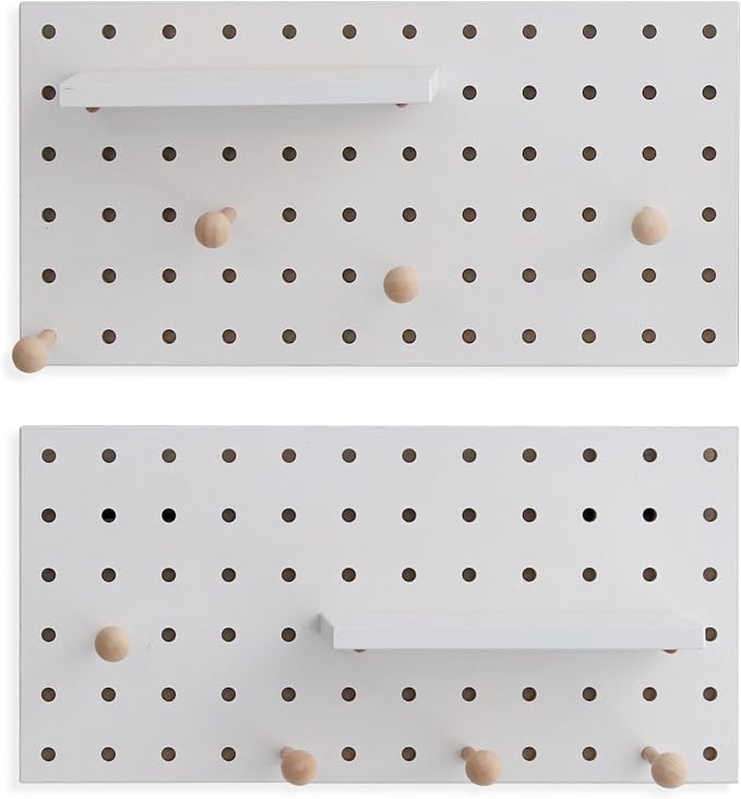 Wooden Pegboard Accessories Set: Modular Wall Hooks & Shelf for Garage, Office & Home Organization(White Colored Finish-B) - Image 2
