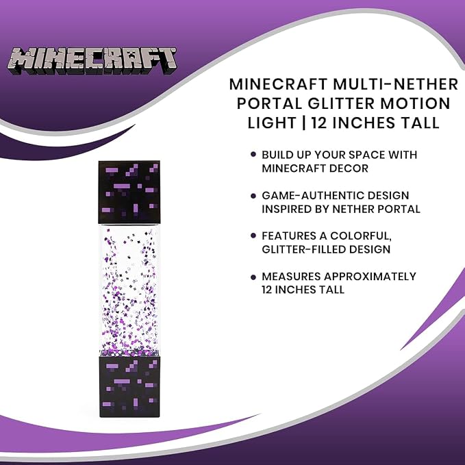 Minecraft Multi-Nether Portal Glitter Motion Lamp | LED Light, Bedside Table Lamp for Desk | Home Decor Accessories and Room Essentials | Official Video Game Collectible | 12 Inches Tall - Image 7