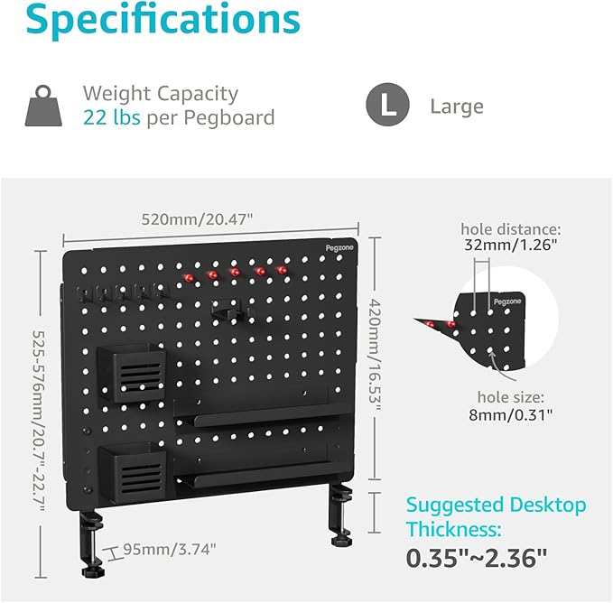 PEGZONE 20.4" x 16.5" Clamp-on Desk Pegboard, Bundle with 8 Pieces Accessories, Black - Image 4