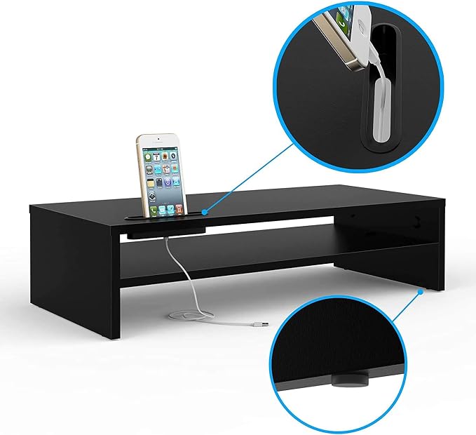 BONTEC Wood Monitor Stand Riser, 2-Tier Desktop Organizer | Ergonomic Computer Stand for Desk, Cable Management, Cellphone Holder, 21.3 Inch Shelf, Black - Image 4